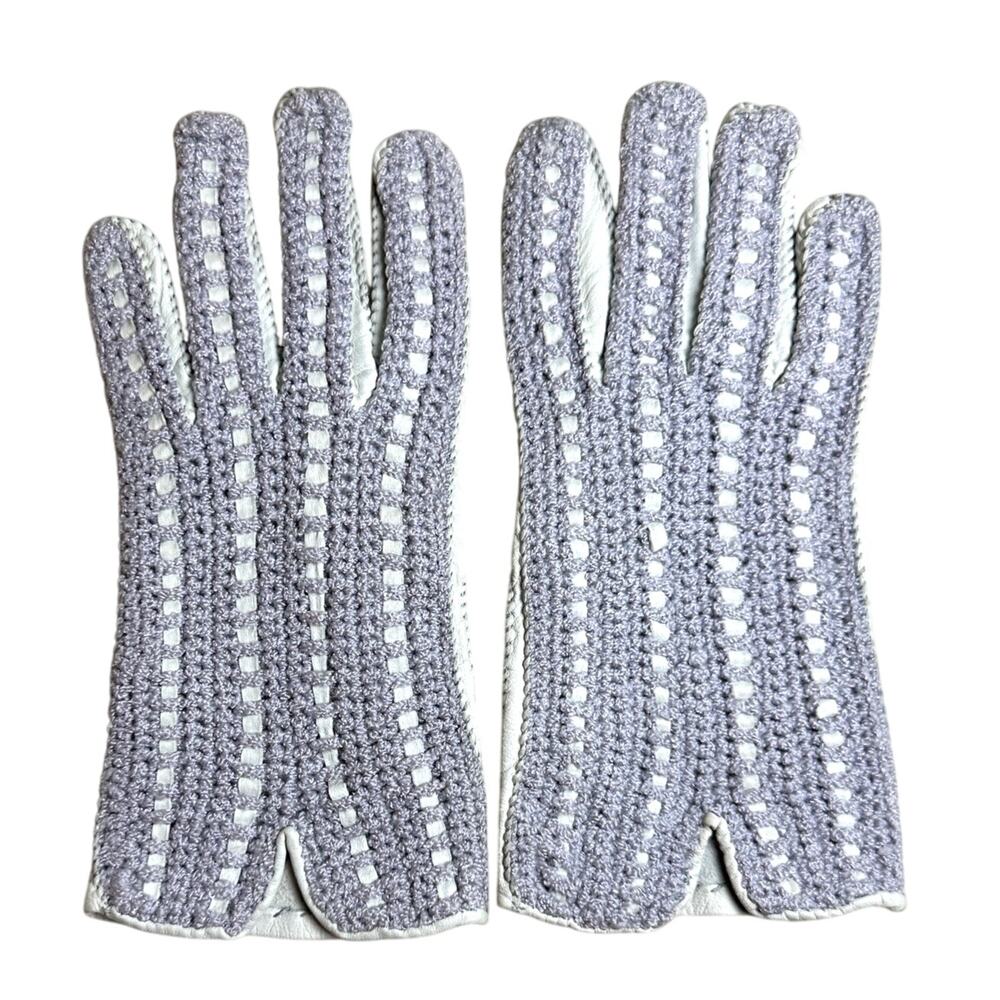 Vintage Light Gray Leather & Gray Lavender Crochet Driving Gloves Size 7.5